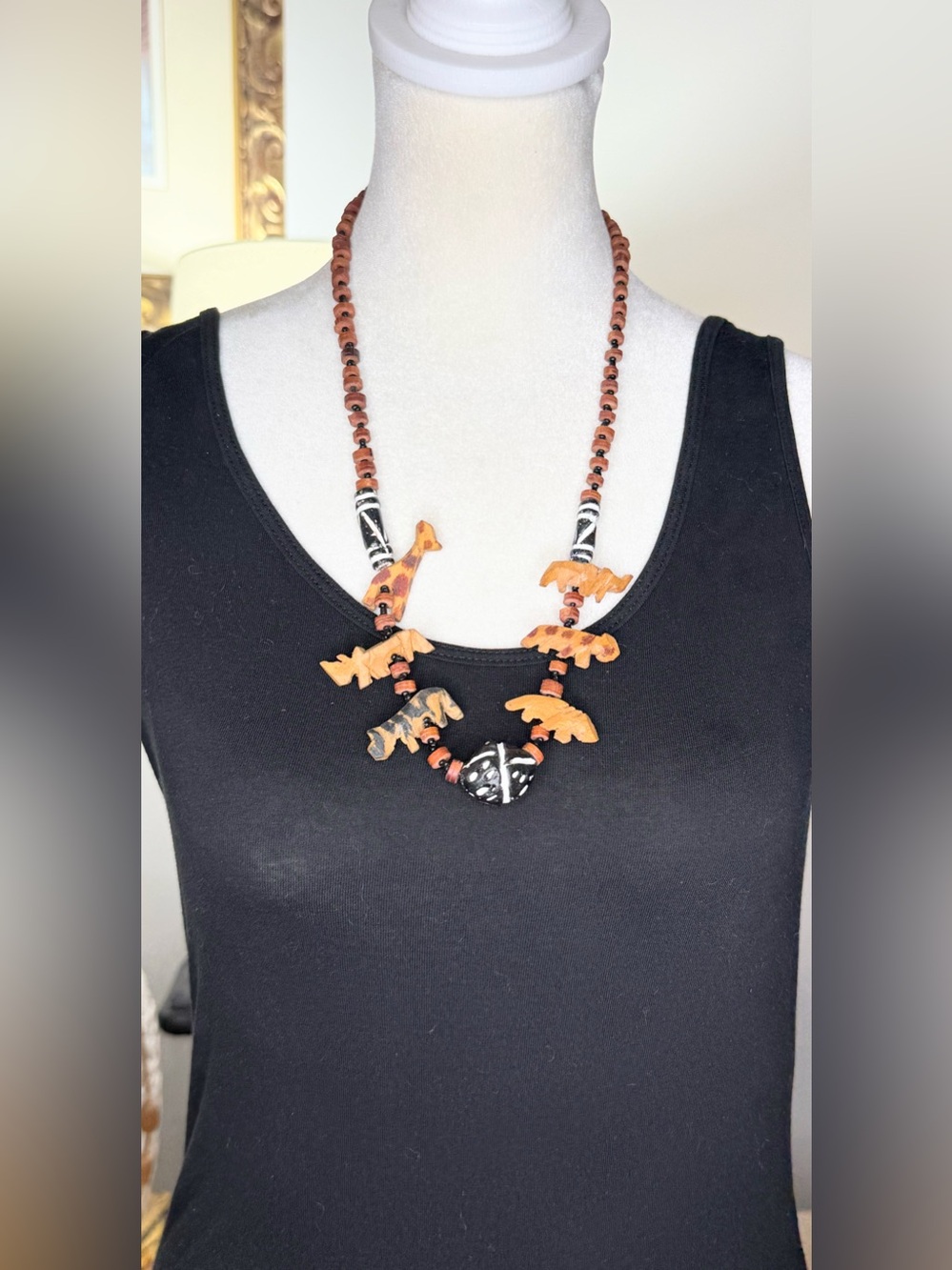 Carved Wood Safari Animal Necklace Giraffe Tribal Style Statement Beaded 22”